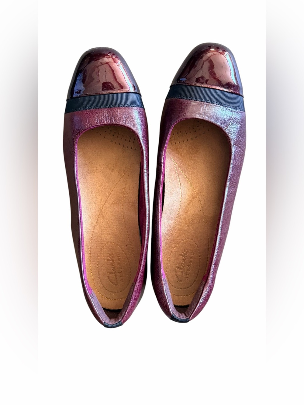 Clarks Women’s Burgundy Patent & Leather Cap-Toe Ballet Flats